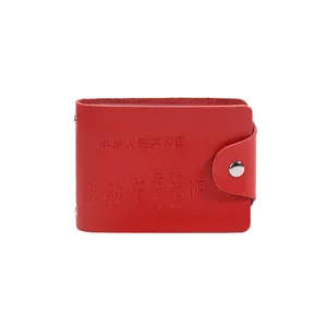 Genuine red leather driver's license holder with card slots and metal snap closure
