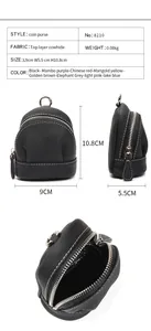 Detailed size chart and multi-angle views of the mini genuine cowhide leather coin purse