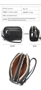 Detailed specs of the black top layer cowhide coin purse with triple zipper design