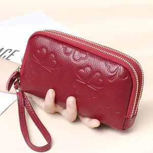 Burgundy clover embossed genuine leather double zipper clutch wallet for women with strap