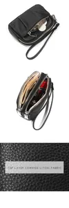 Detailed view of black pebbled leather coin purse with triple zippers and wrist strap