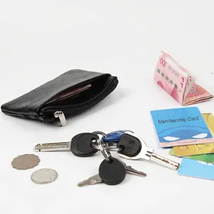 Mini portefeuille en cuir grainé noir avec fermeture éclair pour pièces et clés de femme