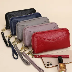 Genuine leather long zip wallet for women in multiple colors with V-stitch design