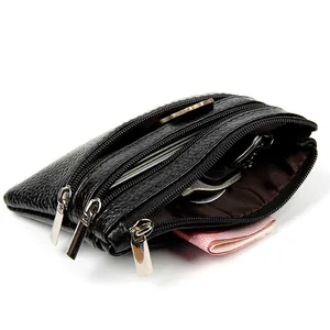 Mini portefeuille en cuir noir à trois fermetures éclair pour pièces et cartes bancaires