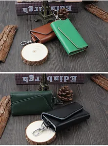 Detail of genuine leather key pouches in multiple colors with metal swivel hooks