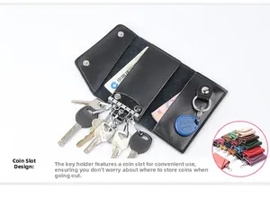 Internal details of black leather key wallet with multi-functional card and coin slots