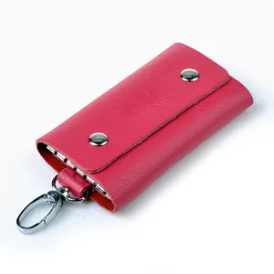 Litchi pattern genuine leather key holder in vibrant rose red with silver snap buttons