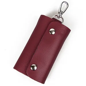 Genuine leather candy color key case with litchi texture and silver snap closures