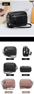 Detailed views of multi-layer genuine leather coin purse with triple zippers and wrist strap