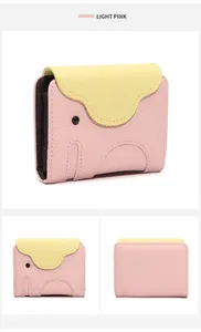 Detailed views of the light pink elephant card holder with yellow flap and pebble leather