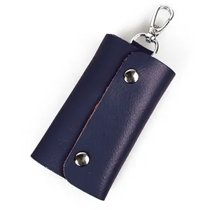 Dark blue pebble grain genuine leather key pouch with double silver snaps and metal hook