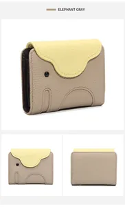 Detailed views of elephant card holder in lychee grain leather with vibrant yellow flap