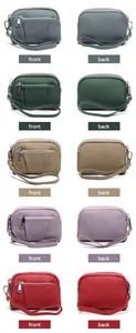 Detailed views of multi-zipper leather coin purse in various colors with wrist strap
