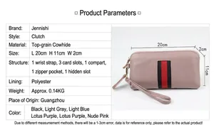 Detail specifications of genuine leather wallet showing size dimensions and internal structure