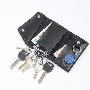 Multifunctional black leather key holder case with card slots and bill compartment