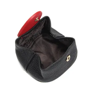 Mini genuine leather coin purse in black litchi pattern with red contrast flap closure