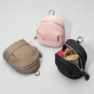 Women Mini First Layer Cowhide Leather Coin Purse Litchi Grain Small Backpack Shape Key Lipstick Storage Pouch With Hook
