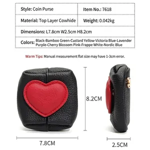 Mini genuine leather coin purse with red heart, dimensions 7.8x2.5x8.2cm shown on white