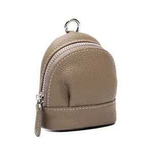 Mini genuine leather coin purse backpack style in taupe with contrast stitching