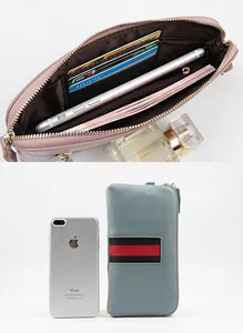Detail of genuine leather wallet with card slots, zipper compartment and phone holder