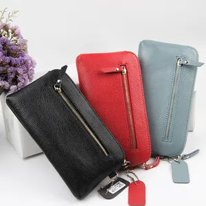 Litchi pattern genuine leather long zip wallet for women in black red and blue