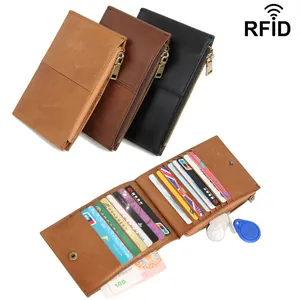 Slim RFID blocking genuine oil wax leather wallet with multi-card slots in three colors