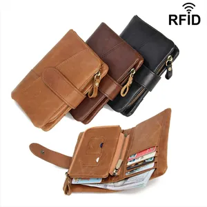 Crazy horse leather RFID men's wallets in brown and black colors with secure clasp