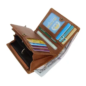 Brown leather men's multi-functional folding wallet with coin pocket and card slots
