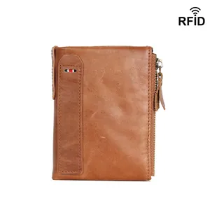 Brown crazy horse leather men's short wallet with RFID blocking and zipper pocket