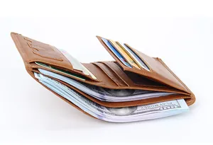 Detail view of brown leather wallet interior showing multi-card slots and large capacity