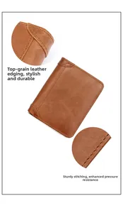 Detail of top layer cowhide edging and strong stitching on a brown leather wallet