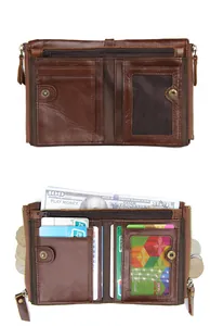 Detail view of brown crazy horse leather wallet with RFID blocking and double zippers