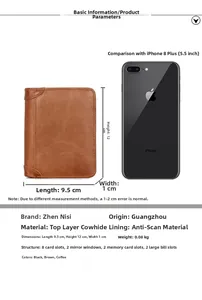 Detailed dimensions and RFID feature of a slim brown genuine leather men's wallet