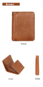 Brown leather wallet with multi-card slots and transparent ID window shown in detail