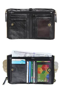 Detail shot of crazy horse leather wallet showing multiple card slots and double zippers