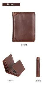 Three views of brown leather wallet showing front exterior, interior slots and side profile
