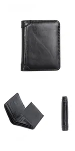 Detailed views of black leather wallet showing front, interior slots and slim profile