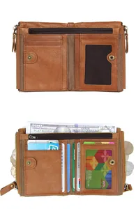 Detail view of brown crazy horse leather wallet showing dual zipper pockets and card slots