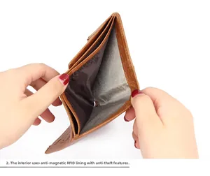 Close-up of brown leather wallet featuring RFID blocking lining for anti-theft security