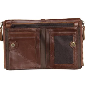 Brown crazy horse leather men's wallet with RFID protection and dual zippers