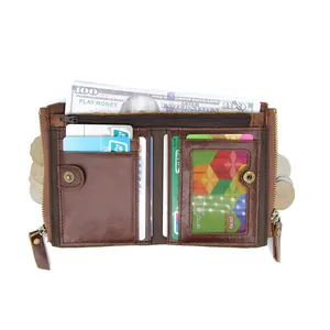 Men's dark brown crazy horse leather wallet with double zippers and RFID protection