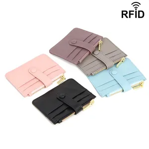 Schlankes RFID Echtleder Kartenetui mit Reißverschluss und Druckknopf für Damen