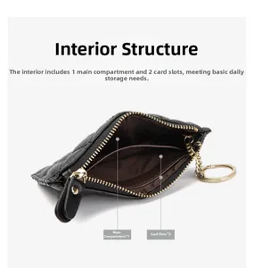 Detail view of internal compartments and gold key ring in black quilted leather wallet