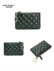 Macro detail of dark green quilted leather coin purse with golden keychain and ring
