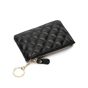 Black sheepskin quilted key pouch with gold hardware and chain zipper for women