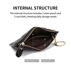 Black quilted sheepskin coin purse with gold zipper and dual internal card slots