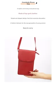 Detailed view of red genuine leather crossbody phone bag with fine pebble grain texture