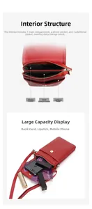 Detail of red leather crossbody phone bag with internal compartments for cards and lipstick