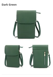 Detail of dark green pebble leather mini crossbody bag with front flap and rear zip pocket