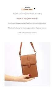 Close-up of brown leather phone bag showing premium lychee texture and metallic clasp